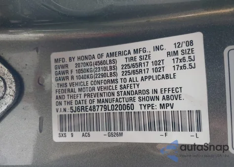 2009 Honda Cr-V Ex-L z USA, uszkodzony, nr VIN 5J6RE48779L020060